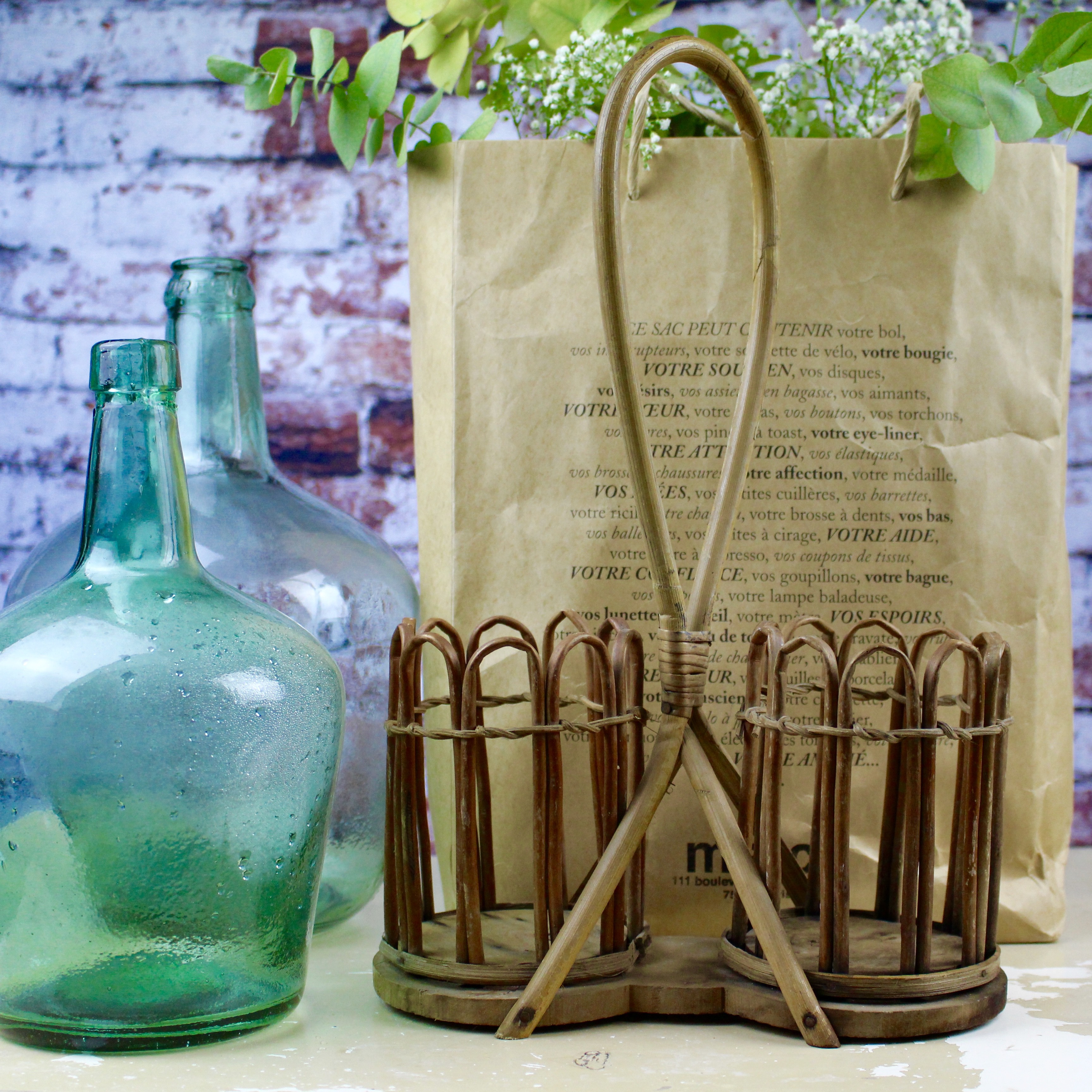 Porte bouteille rotin vintage