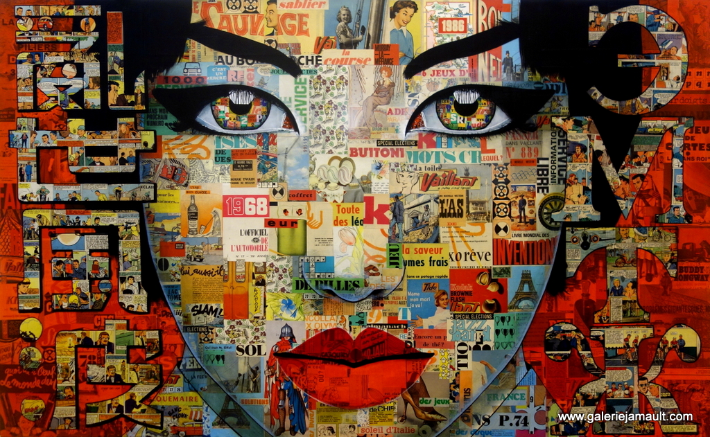 Collage et peinture acrylique sur toile