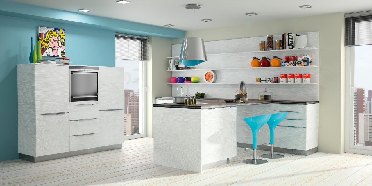 Cuisine blanche peinture bleue