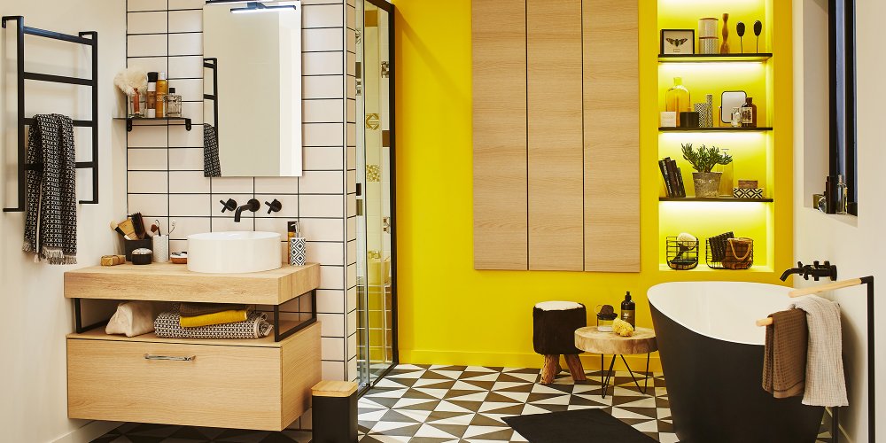 Peinture carrelage salle de bain jaune